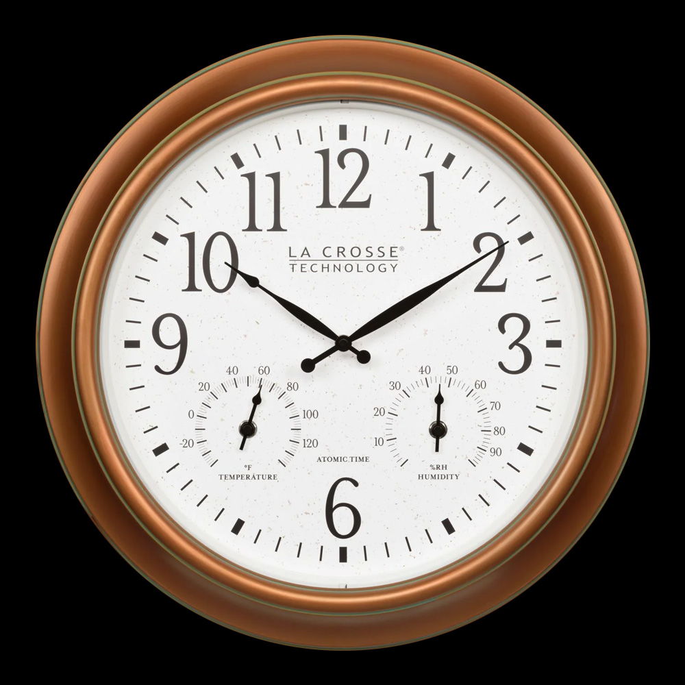 404-59907 indoor/outdoor wall clock with white face and brown frame, displaying time and temperature.