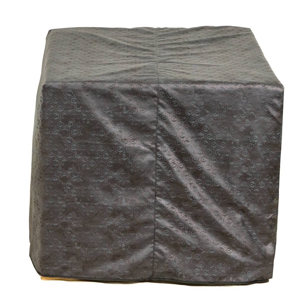 A plain, dark gray square ottoman or storage cube.