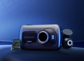 Camera and module on a blue background with a memory card.