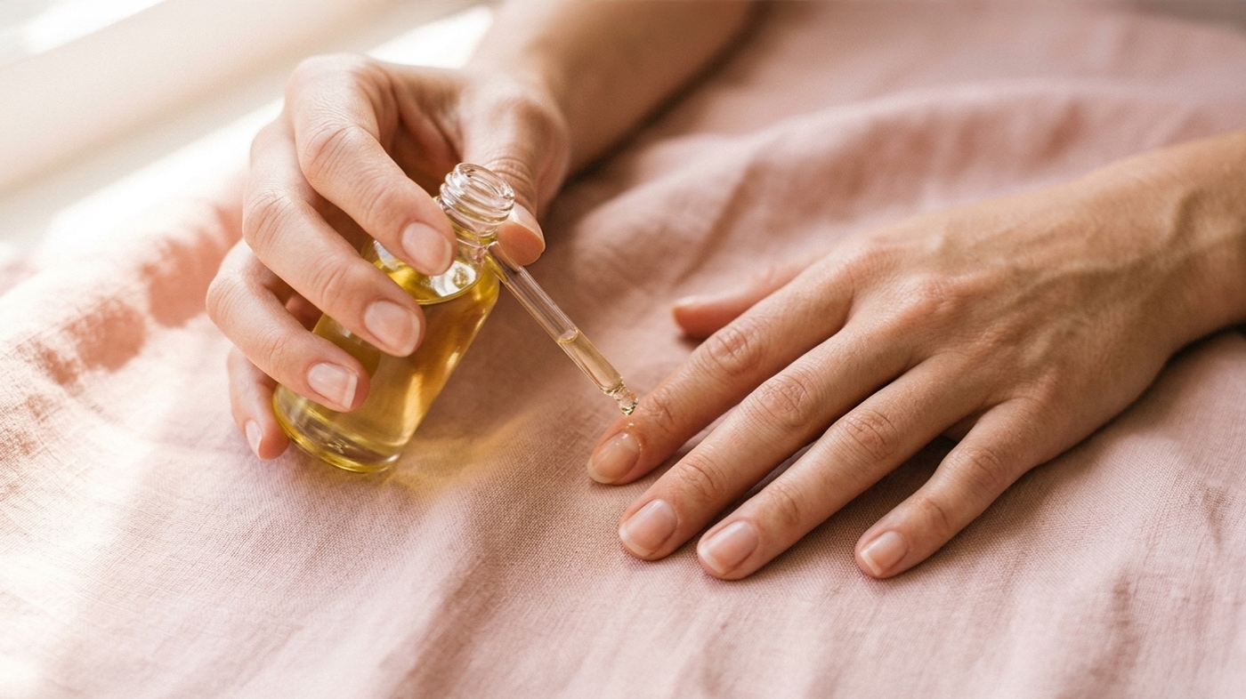 applying cuticle oil to natural nails as part of hand care routine for dry cracked hands