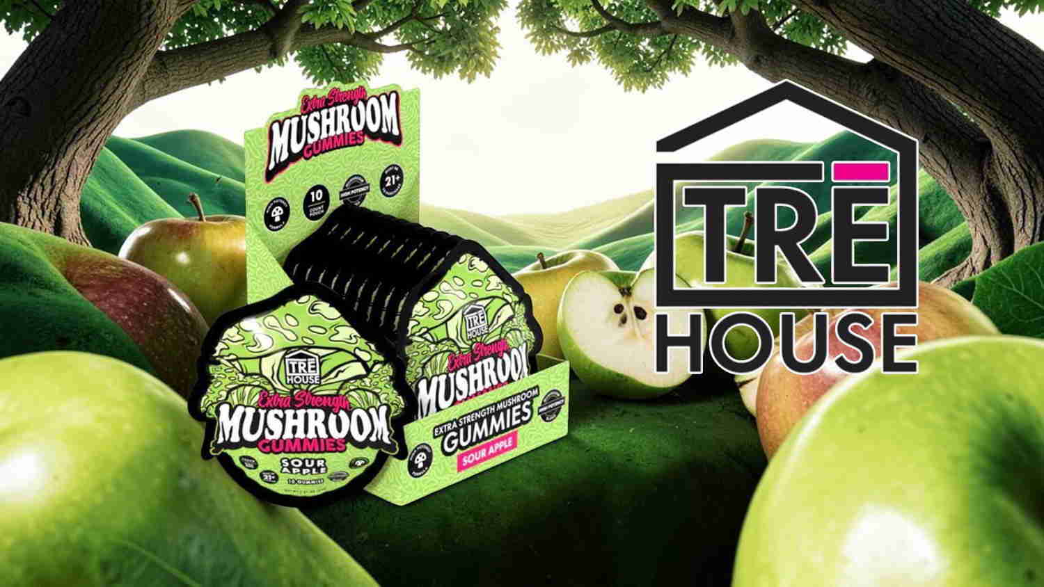 Mushroom product packaging with Tre House logo and green apples in the background.