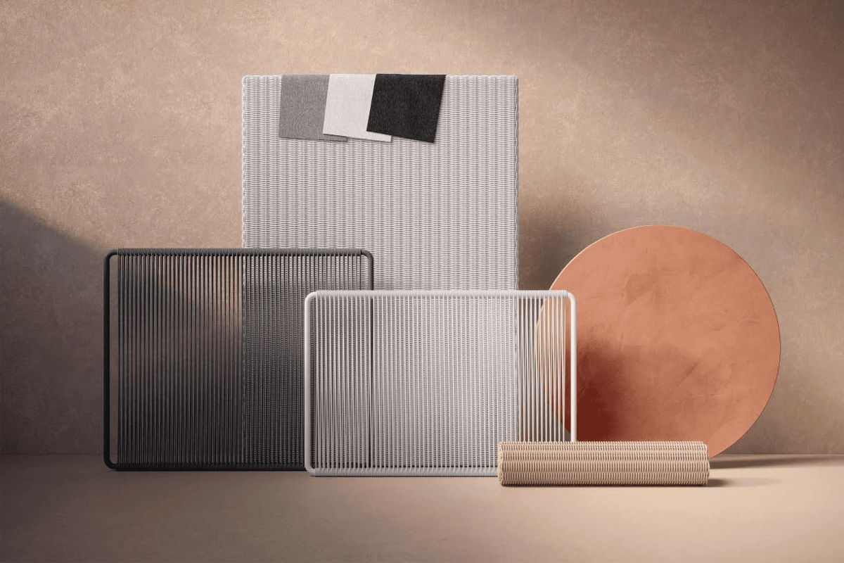 Outdoor material palette showing woven textures, neutral performance fabrics, and warm terracotta-toned finishes for modern patio furniture.