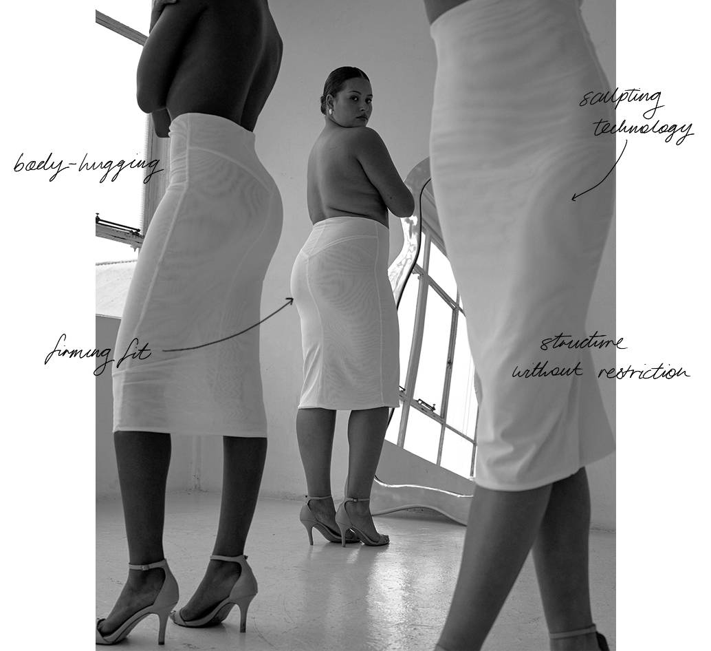 An annotated image of three women in shapewear