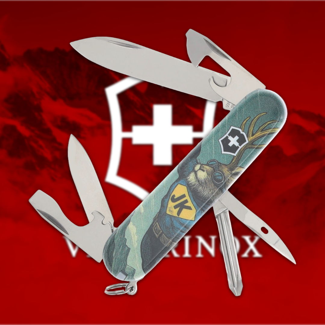 Swiss Army knife with multiple tools on a red background.