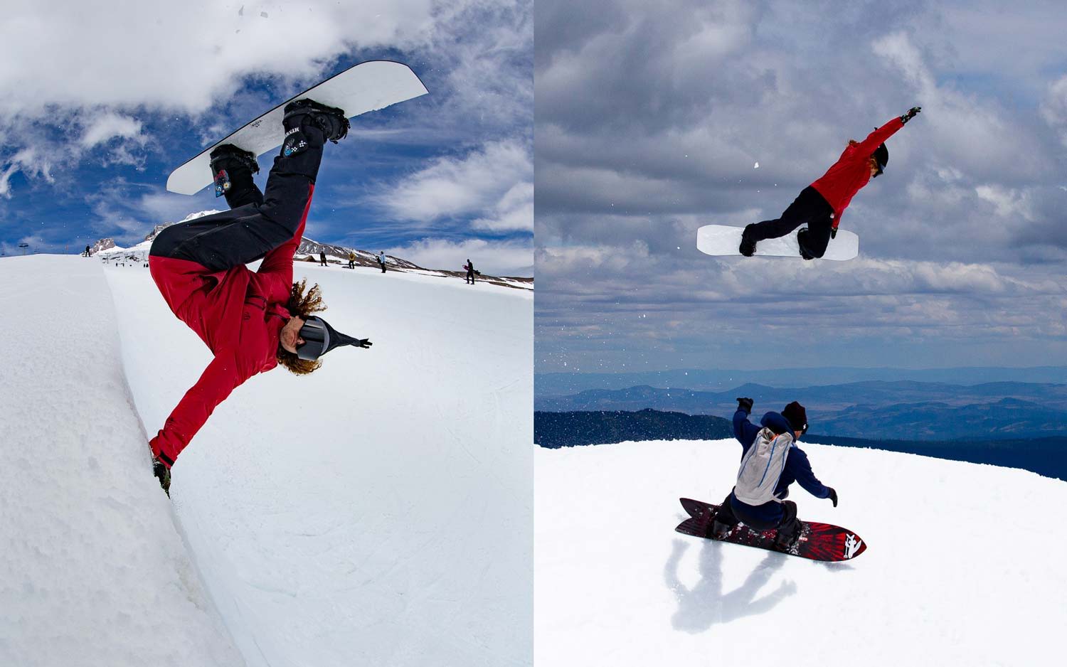 Two snowboarders performing tricks on a snowy slope under a blue sky.