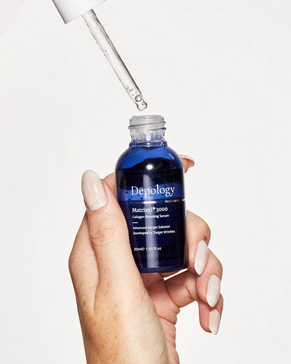 Depology Matrixyl 3000 Collagen Serum, in a sleek blue bottle 