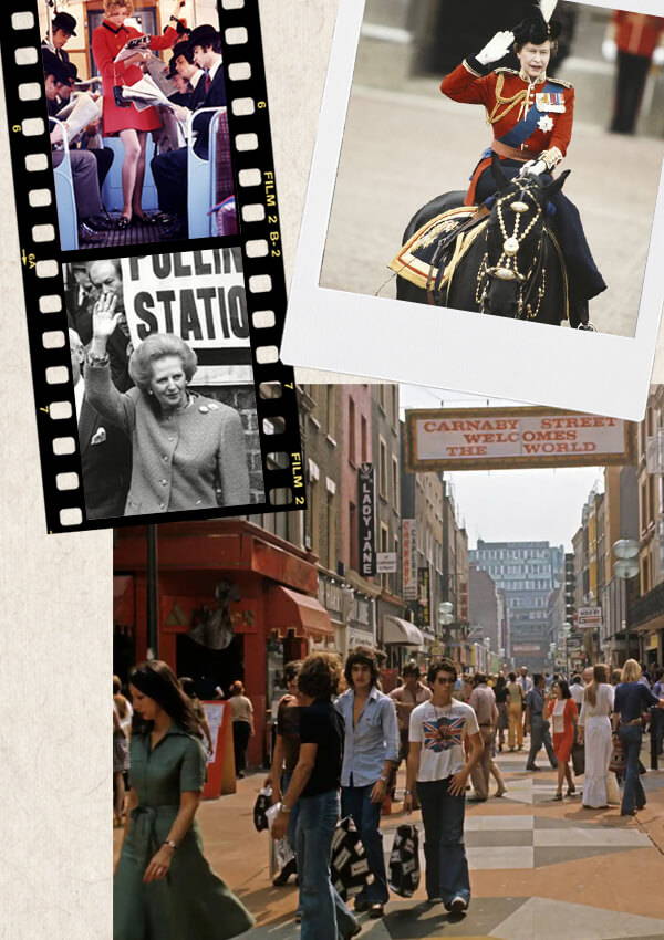 A collage of images of London in the 1980s.