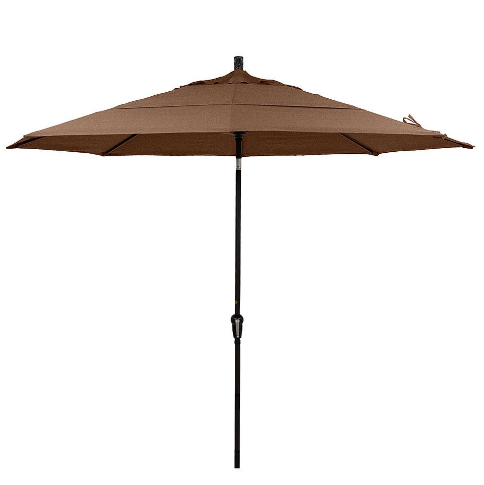 Brown patio umbrella with a metal pole and a wide canopy.