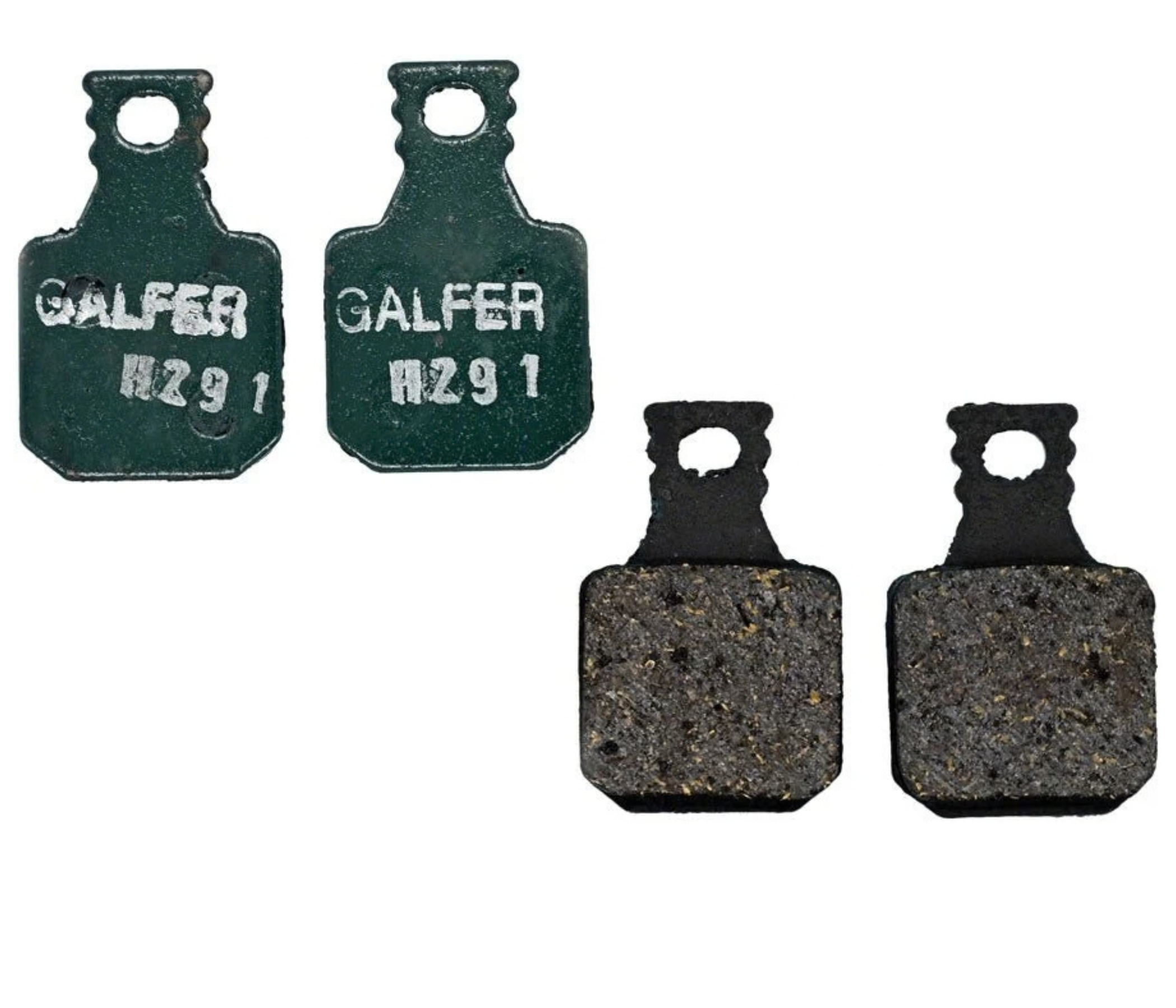 Two pairs of brake pads, one green and one black.