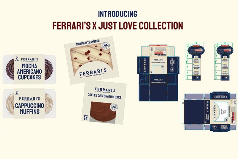 Ferraris Coffee x Just Love bakery collection featuring Tiramisu Traybake, Mocha Americano Cupcakes, Cappuccino Muffins and Coffee Celebration Cake.