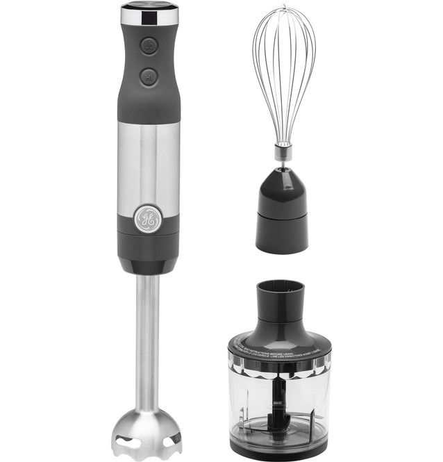 Handheld immersion blender with whisk and chopper attachments.