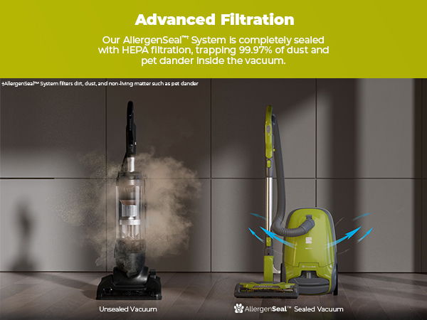 Vacuum cleaners with advanced filtration technology on display.