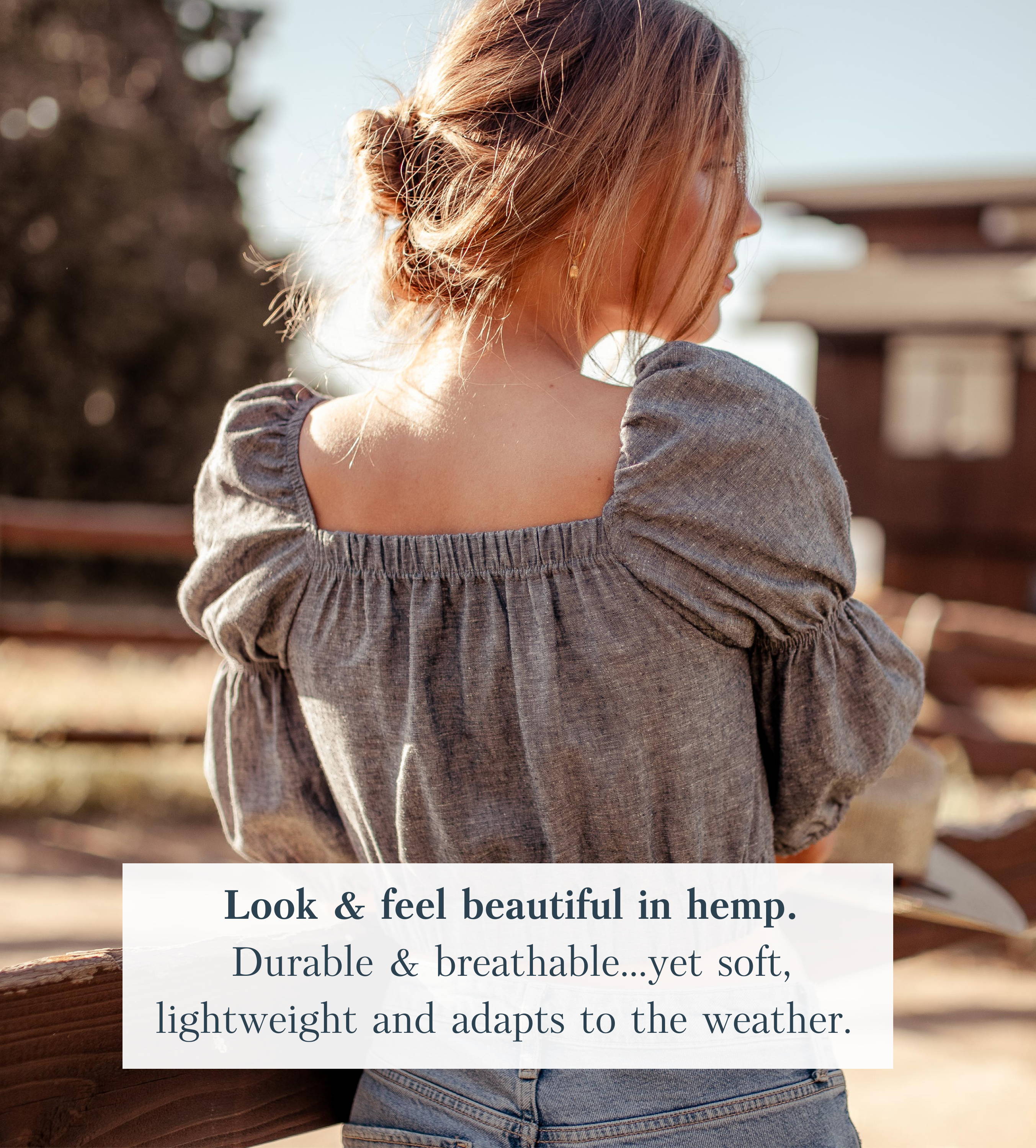 woman wearing double puff sleeve top made of sustainable hemp fabric