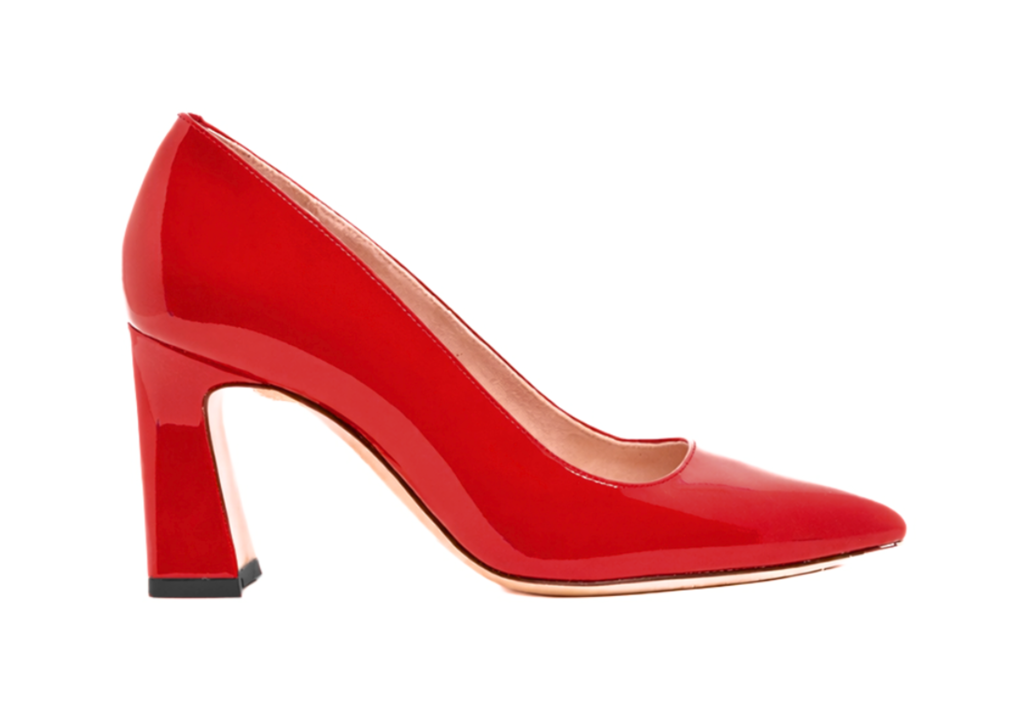 Red high-heeled shoe with a chunky heel.