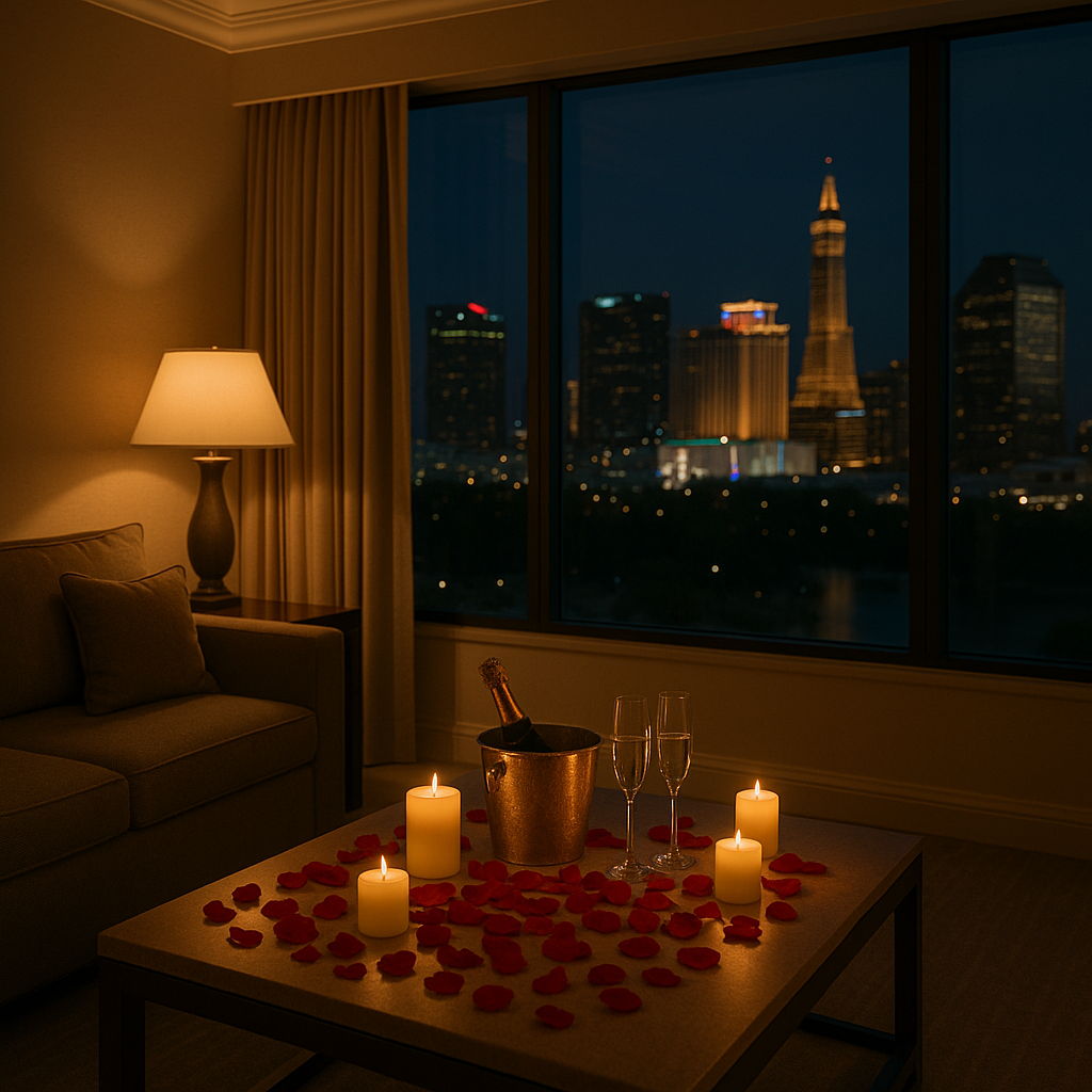 Romantic hotel room proposal with candles and champagne overlooking a city skyline at night.