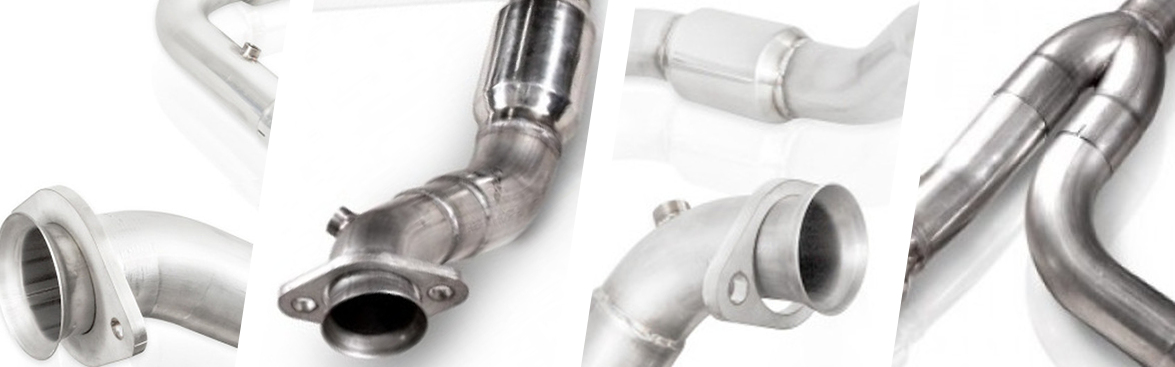 Photo collage of downpipes and J-pipe exhaust fittings for off-road vehicles. 
