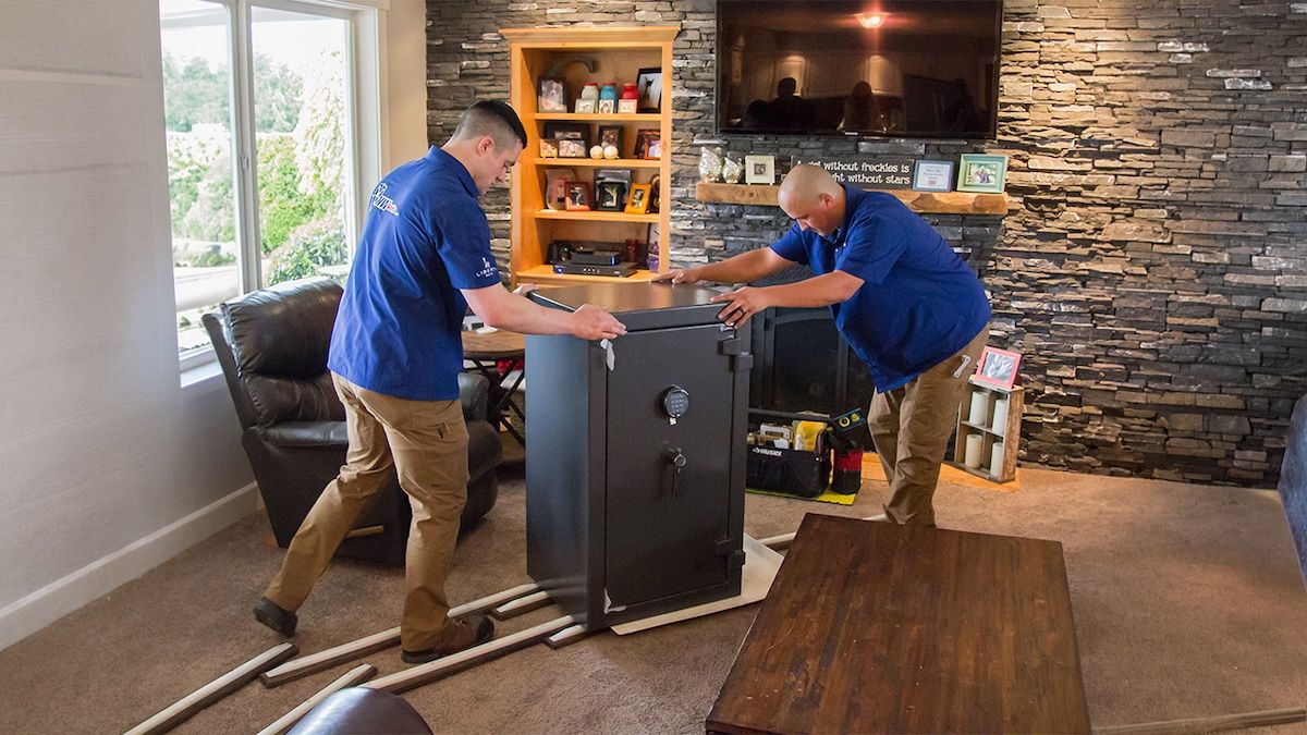 delivering a safe in a living room