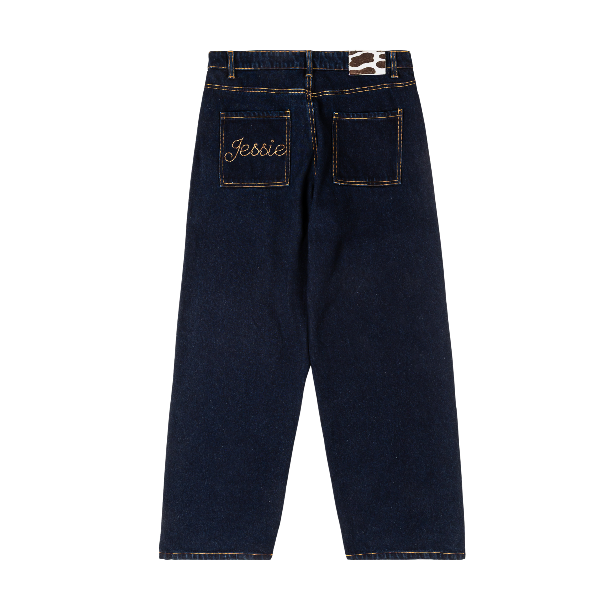 Dark blue jeans with unique decorative stitching at the bottom.