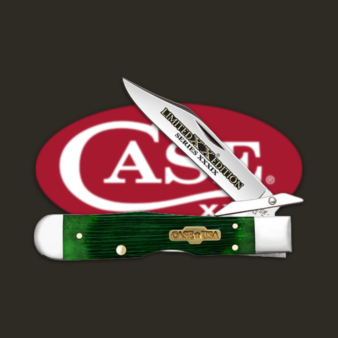 A green handled knife with two blades and a CASE logo.