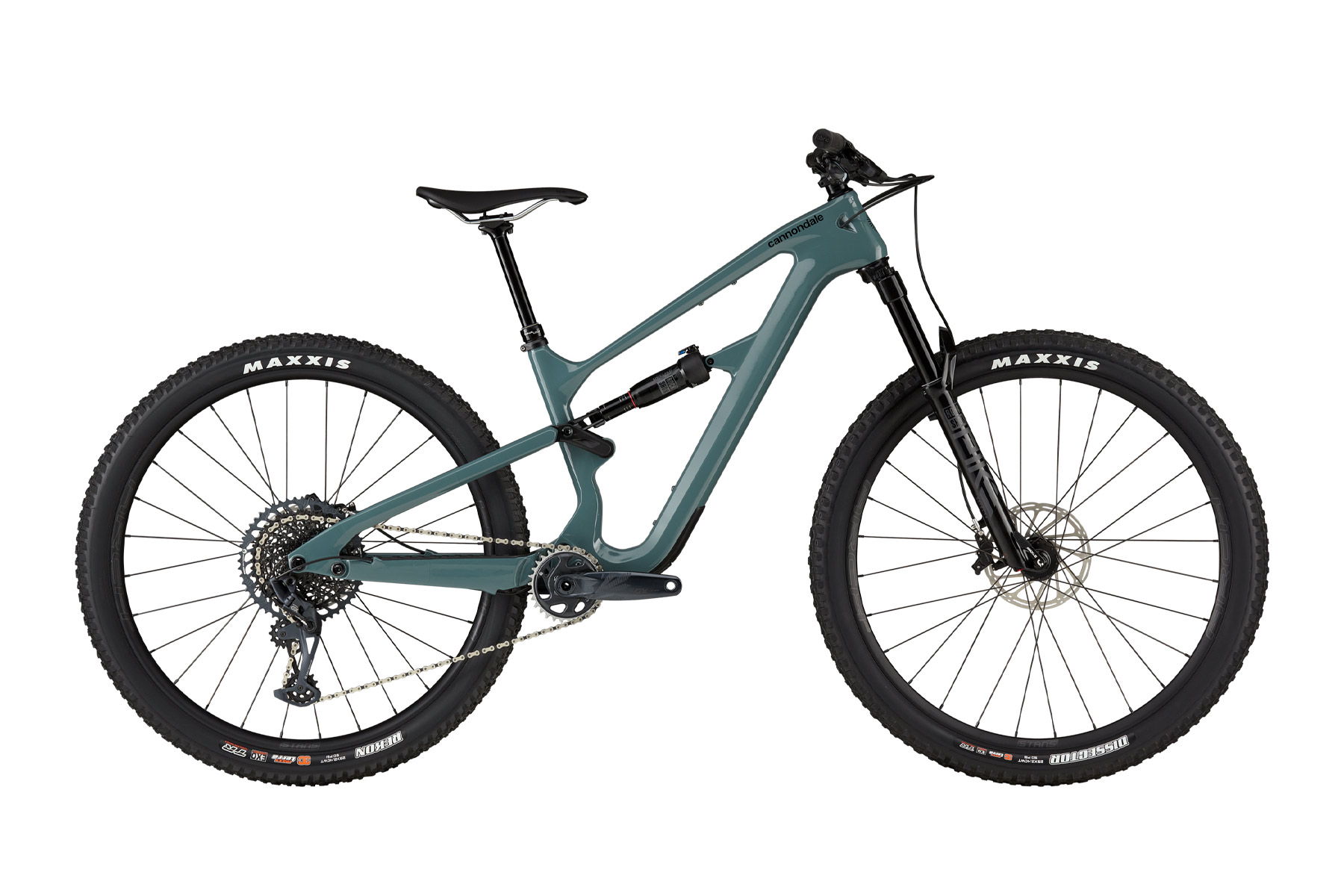 Mountain bike with disc brakes and wide tires, displayed against a white background.