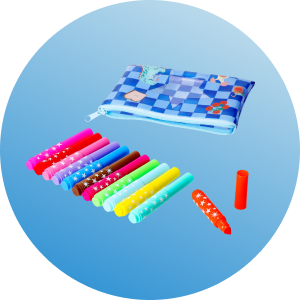 Colorful markers and a patterned pencil case on a blue background.