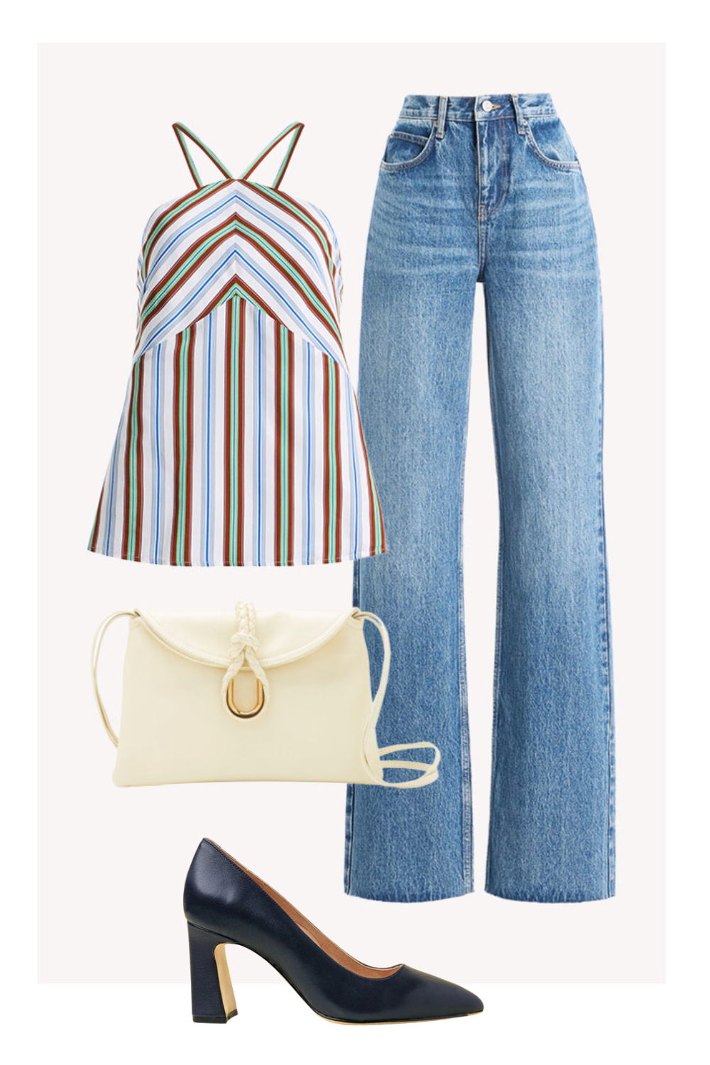 Striped top, flared jeans, white handbag, and navy high heels.