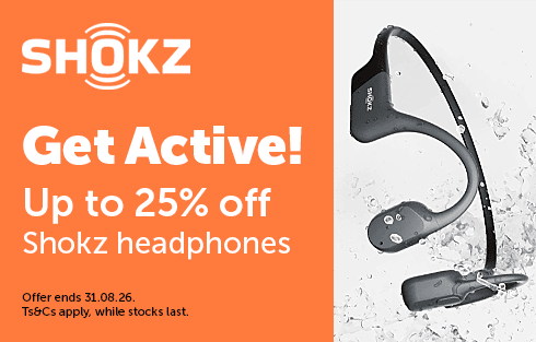 Promotional image for Shokz headphones with discount offer.