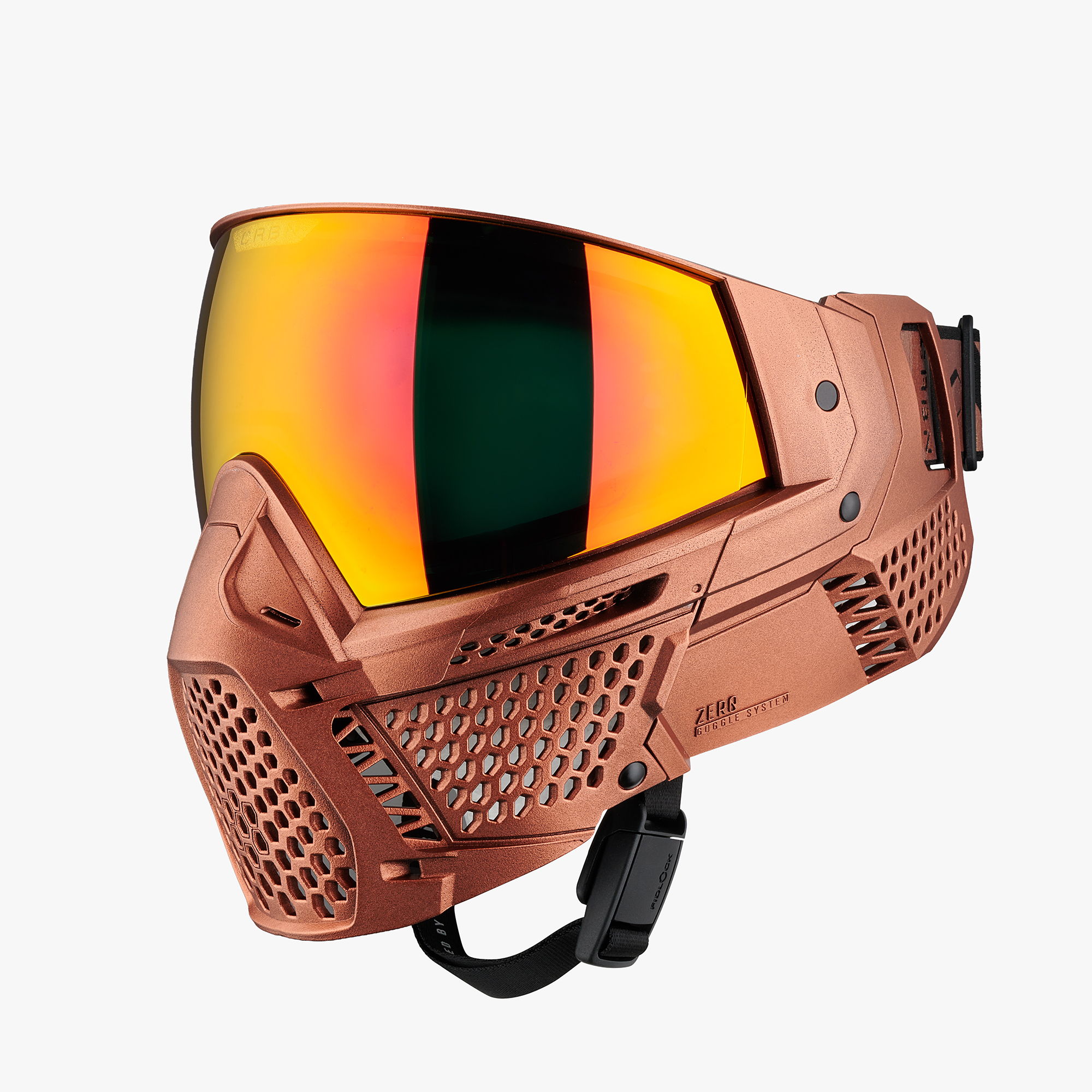 Paintball mask with mirrored lens and ventilation design.