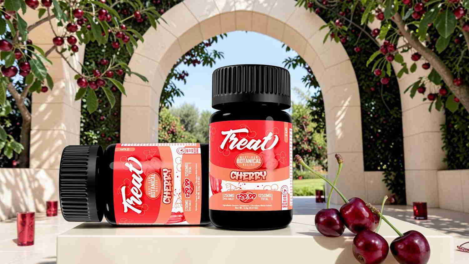 Two bottles of fruit supplement in a scenic outdoor setting.