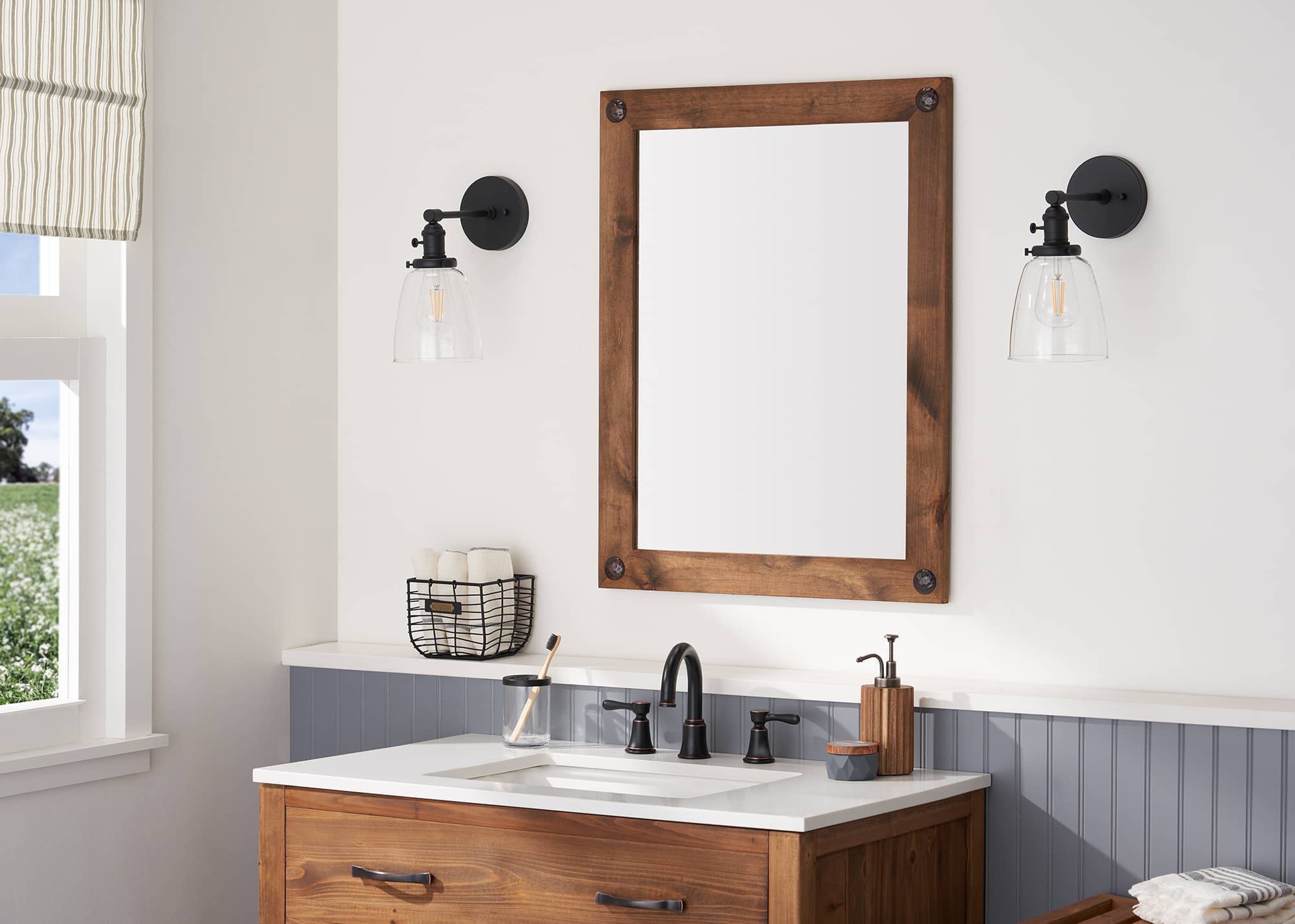 bathroom farmhouse vanity mirror on the wall