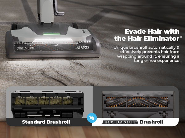 Evade hair with the Hair Eliminator; compares standard and advanced brushrolls.