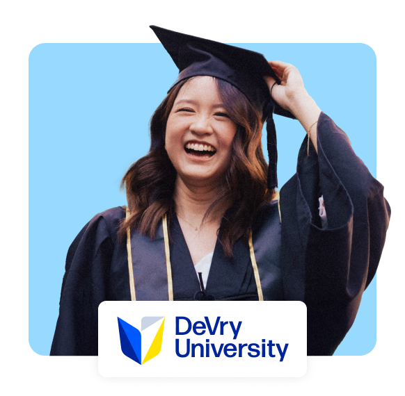Happy graduation student with DeVry University logo.