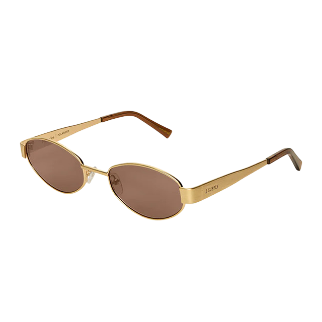Gold-framed sunglasses with brown tinted lenses.