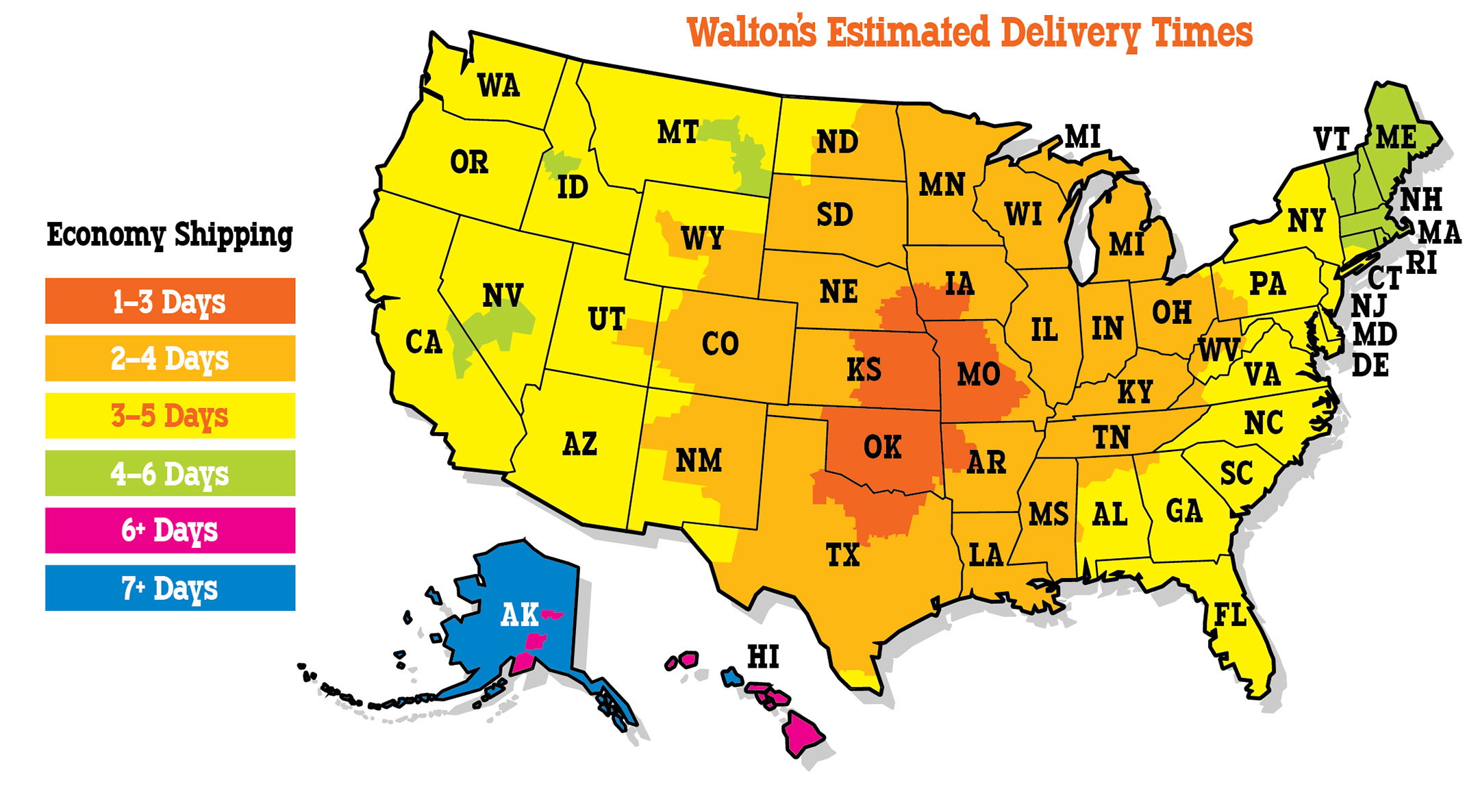 Map of estimated delivery times across the United States.