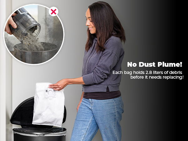 A person discarding a dust bag into a trash can, text about no dust plume.