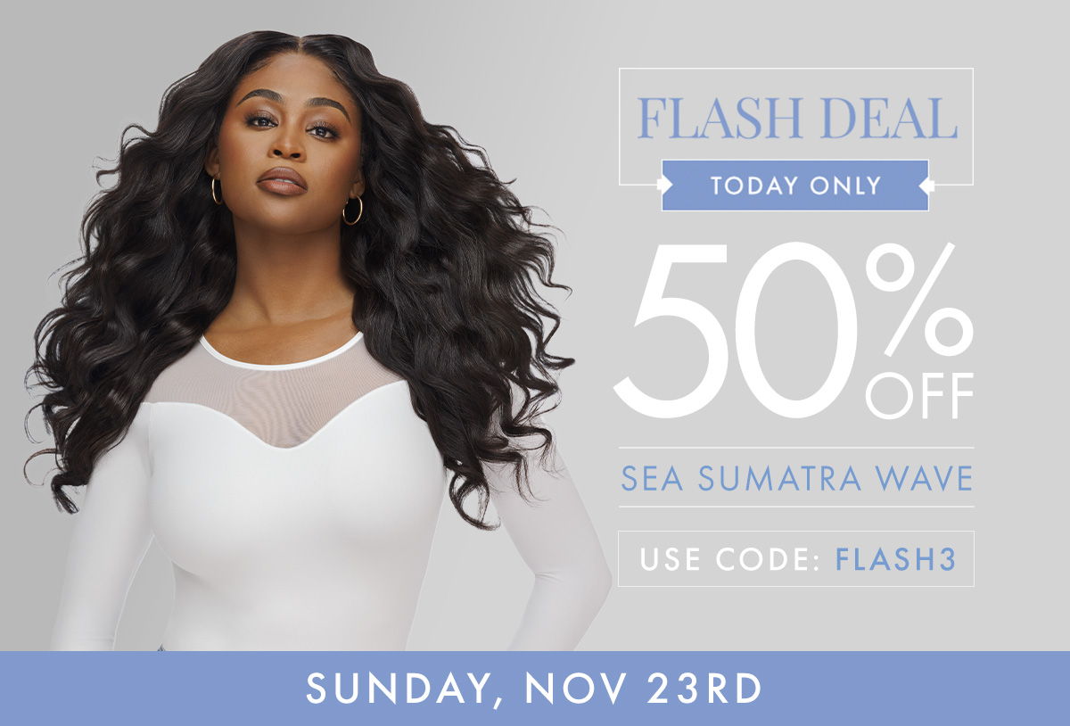 Woman promoting a flash deal for hair products with discount information.