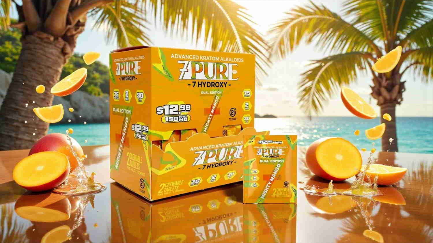 Packaging of a drink product with oranges at a tropical beach setting.