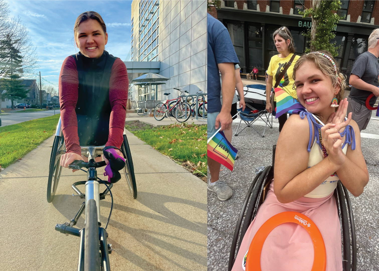 Left image: Eva smiling from her racing wheelchair. Right image: Eva smiling at a Pride event