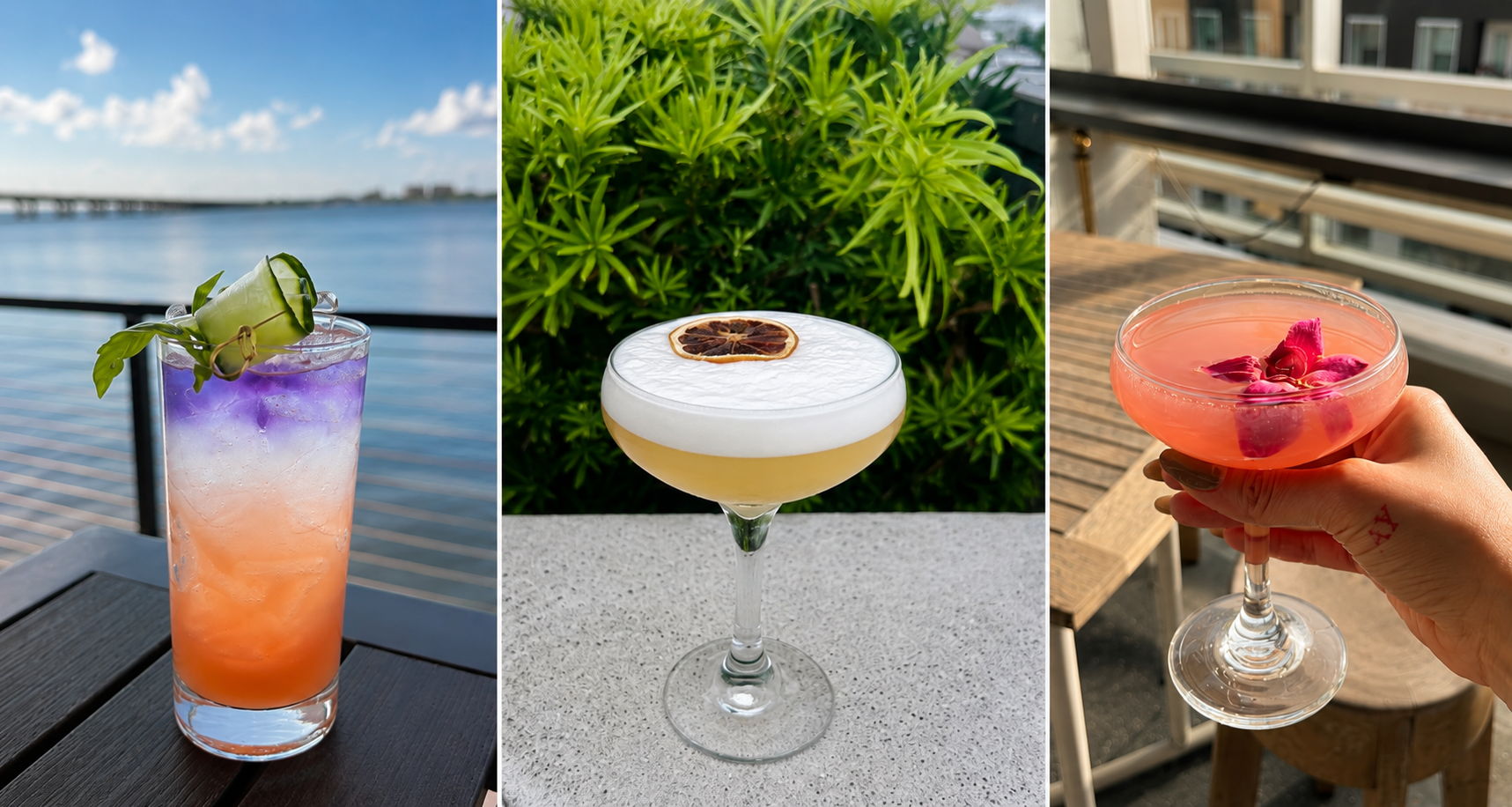 Three colorful cocktails against scenic backgrounds.