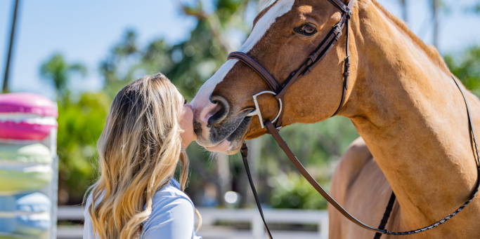 Girl in sunshirt kissing a horse on the nose in a hunter bridle