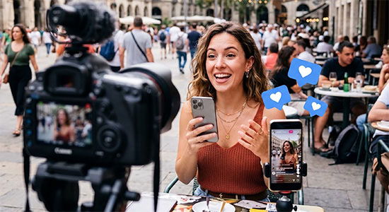 A woman vlogging at a café with cameras and social media icons.