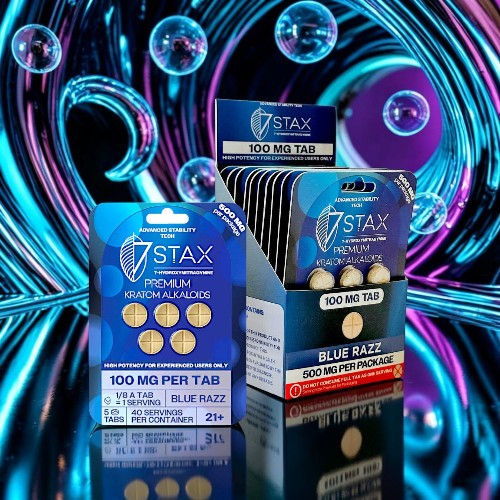 Boxes of 7STAX pills on a colorful background with bubbles.