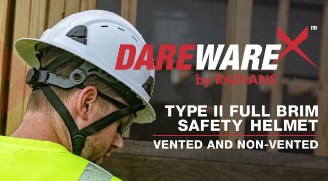 A person wearing a full brim safety helmet in a construction setting.
