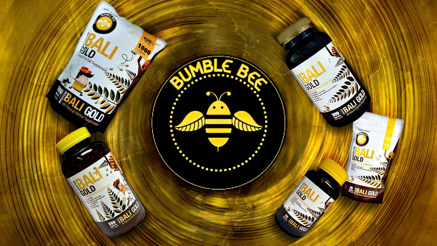 Bumble Bee Bali Gold Kratom Capsules Various Sizes Banner