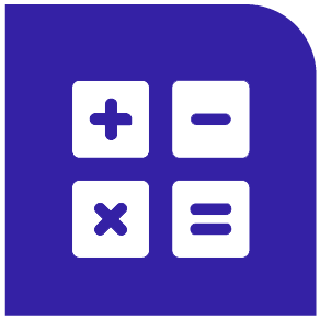 Calculator buttons with addition, subtraction, multiplication, and equals symbols on a purple background.