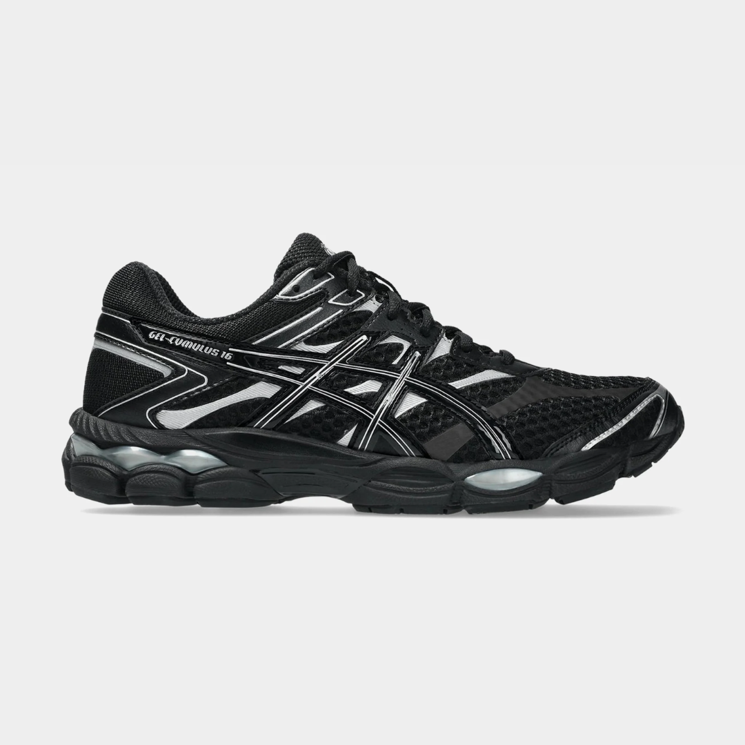 Black athletic shoes with reflective accents and a supportive design.