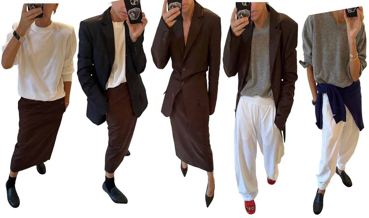 Five outfits featuring different styles and colors, modeled by a person.