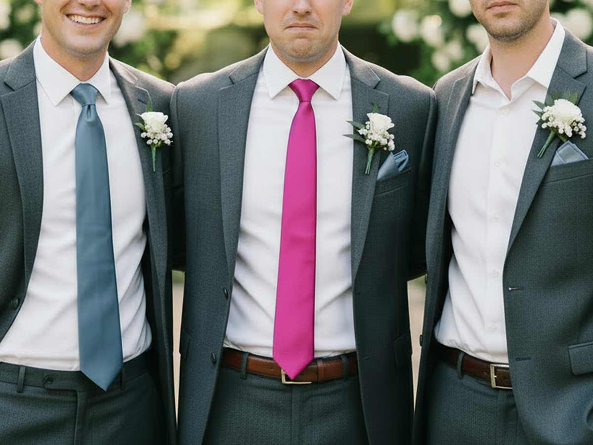Groomsmen in mismatched and missing neckties