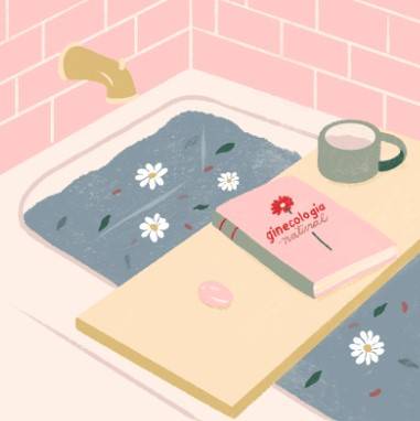 banheira cheia de água e flores,  com uma mesa de colo segurando um livro de ginecologia e uma xícara de chá