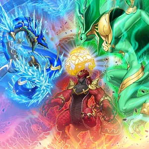 Red, blue, and green dragons with a glowing orb.
